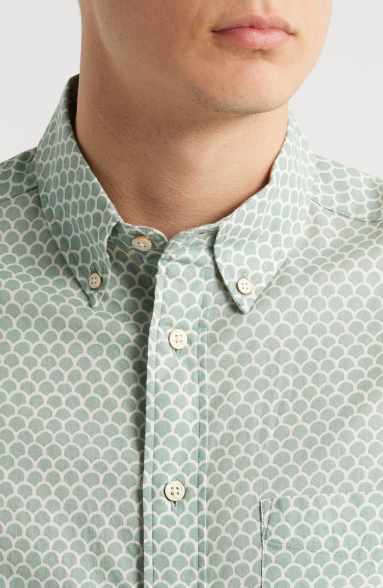 Faherty Playa Short Sleeve Stretch Organic Cotton Button-Down Shirt, Alternate, color, Sage Fishscale