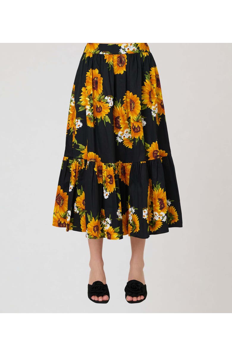 Unique Vintage 1950s Tiered Midi Skirt, Alternate, color, Black Sunflower Print