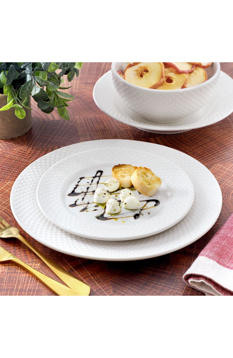 Elama Kim 16 Piece Hobnail Double Bowl Porcelain Dinnerware Set, Alternate, color, White