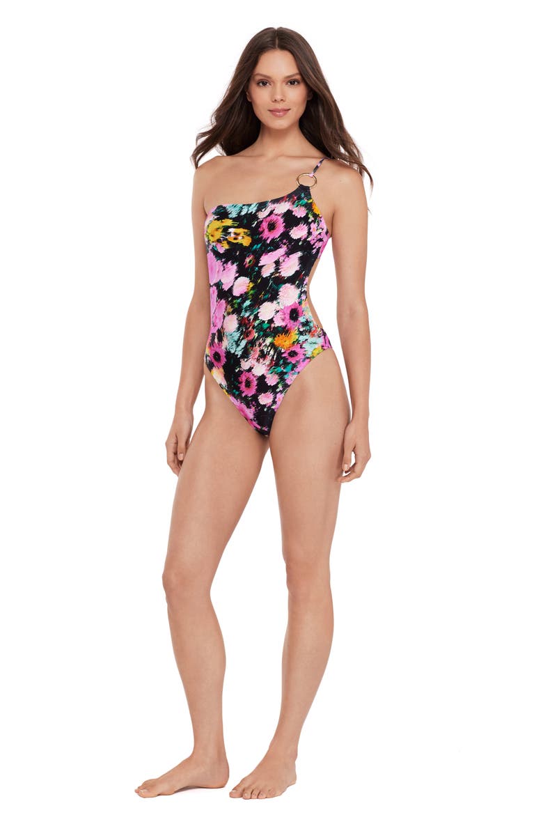 One-Shoulder Cutout One-Piece Swimsuit, Alternate, color, BLACK MULTI