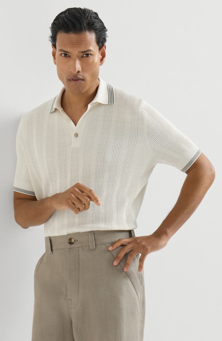 Brunello Cucinelli Cotton textured rib knit polo, Alternate, color, White