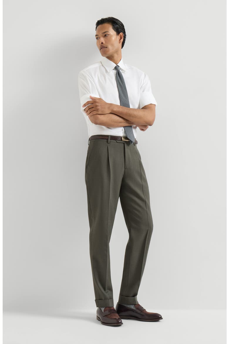 Virgin wool canvas trousers with pleat, Alternate, color, Forest