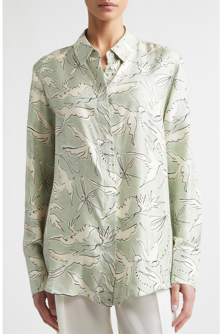 Chika Bird Print Silk Button-Up Shirt, Alternate, color, 378398 DESERT SAGE BIRD