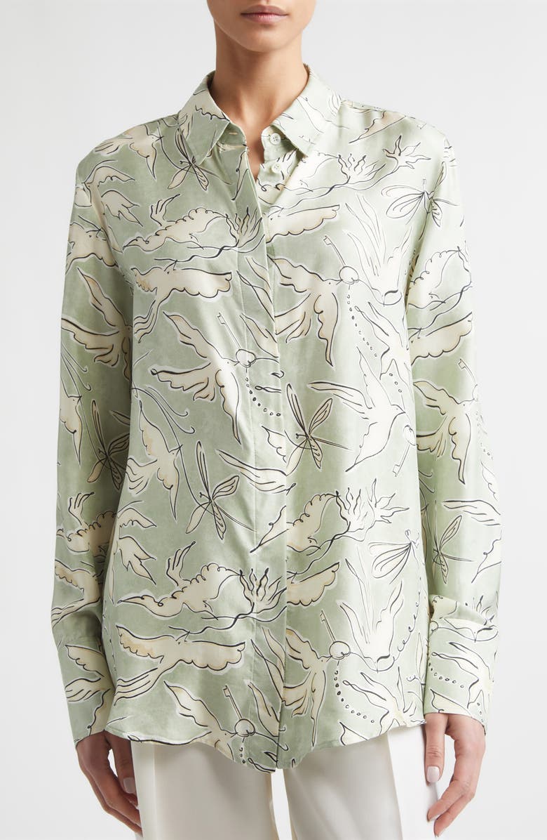 Altuzarra Chika Bird Print Silk Button-Up Shirt, Alternate, color, 378398 Desert Sage Bird