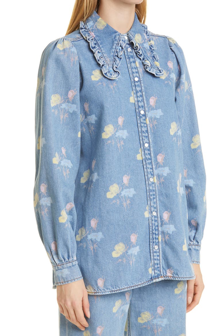 Print Indigo Frill Collar Organic Cotton Denim Shirt, Alternate, color, BLEACH BLUE