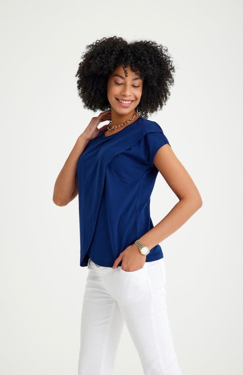 Accouchée Crossover Short Sleeve Cotton Maternity/nursing Top In Navy