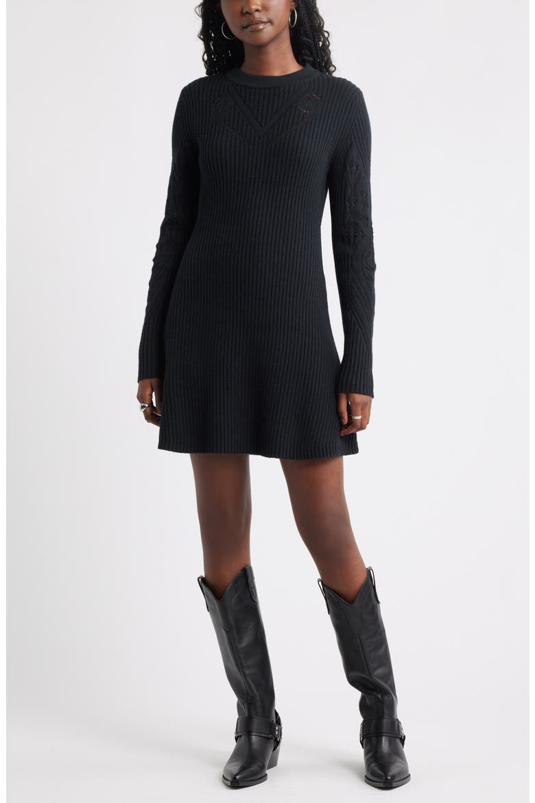 Long Sleeve Merino Wool & Cotton Blend Sweater Dress, Main, color, BLACK