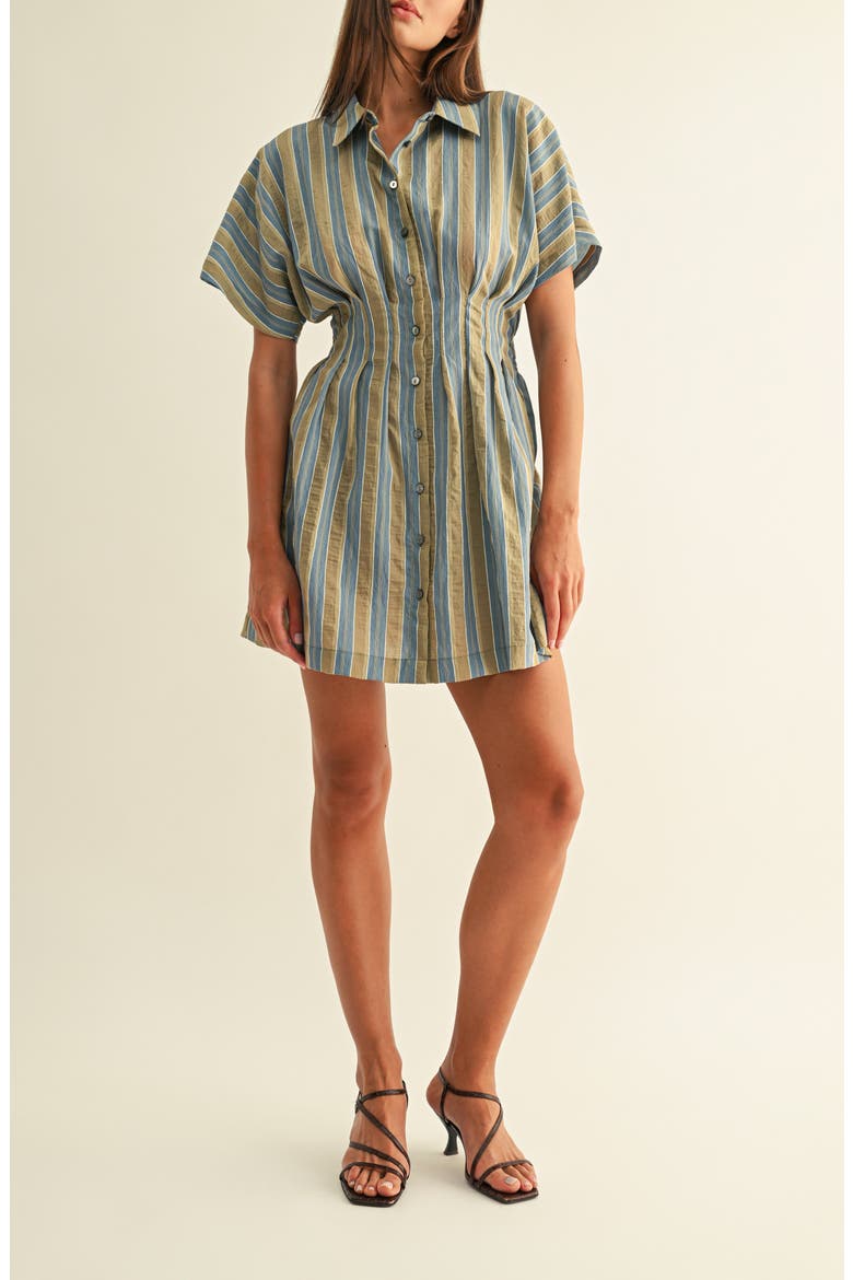 Dominique Stripe Pleat Mini Shirtdress, Alternate, color, BLUE/ OLIVE
