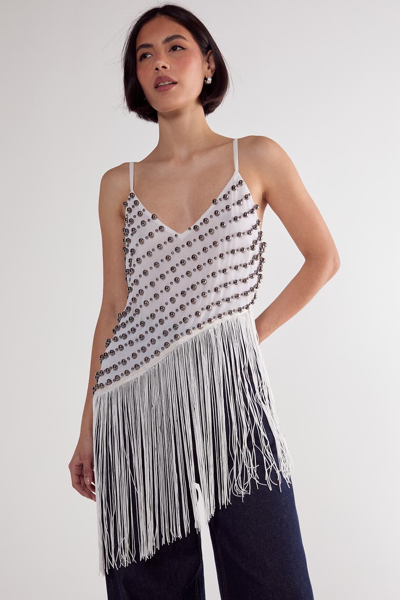 Studded Asymmetric Fringed Cami Top, Main, color, White
