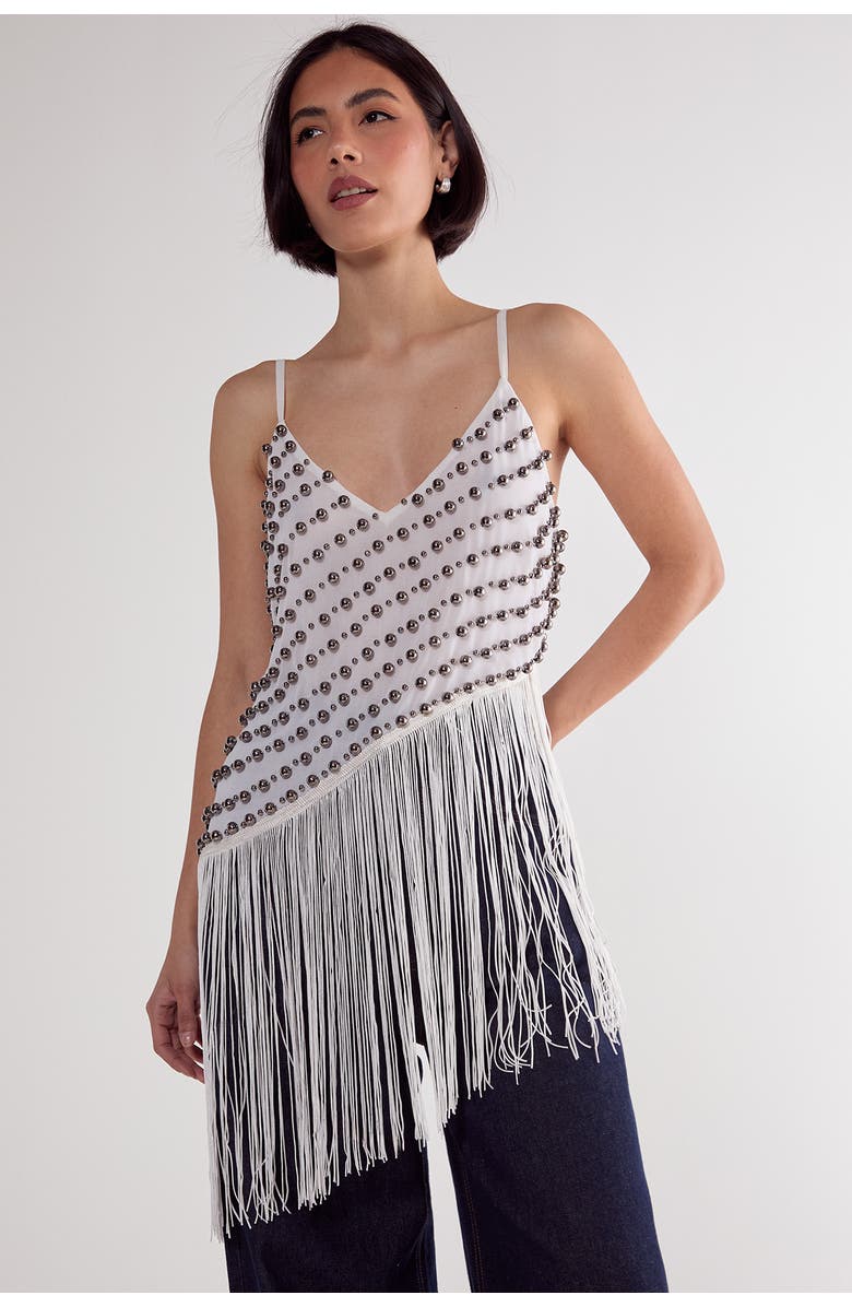 NASTY GAL Studded Asymmetric Fringed Cami Top, Main, color, White