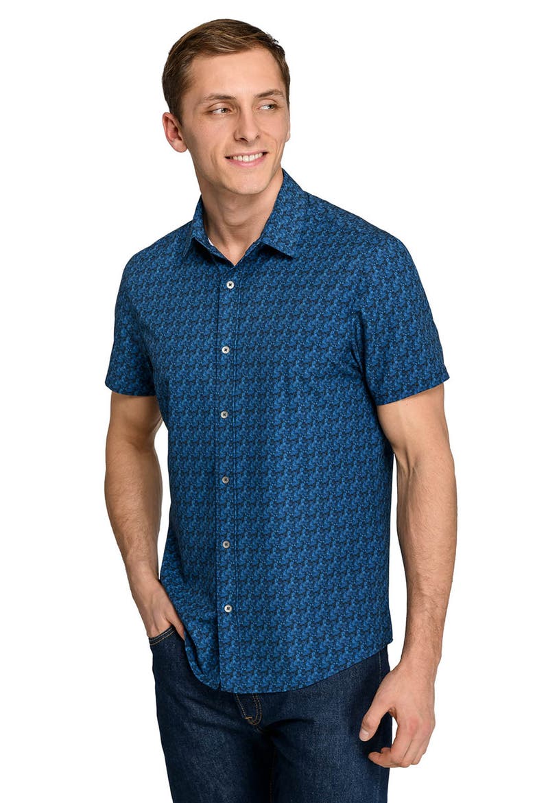 Basic Slim Fit Abstract Blur Short Sleeve Performance Button-Up Shirt, Alternate, color, BLUE