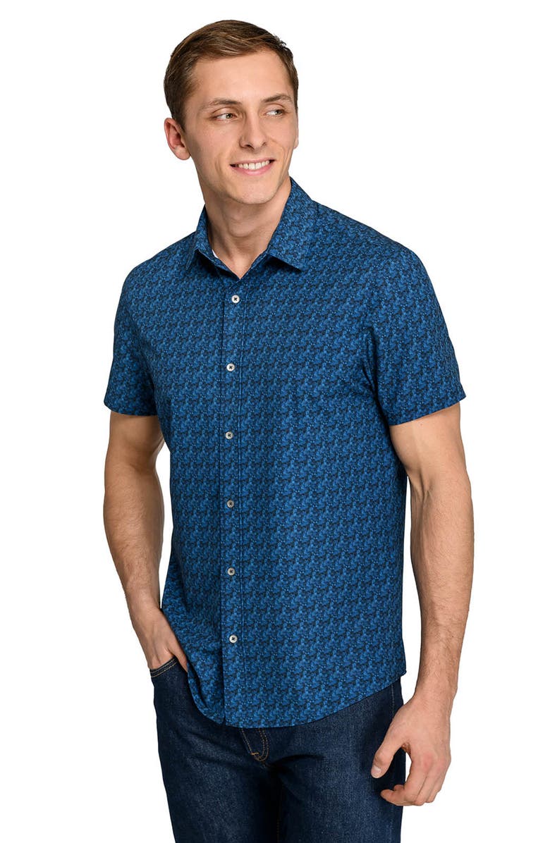 W.R.K Basic Slim Fit Abstract Blur Short Sleeve Performance Button-Up Shirt, Alternate, color, Blue