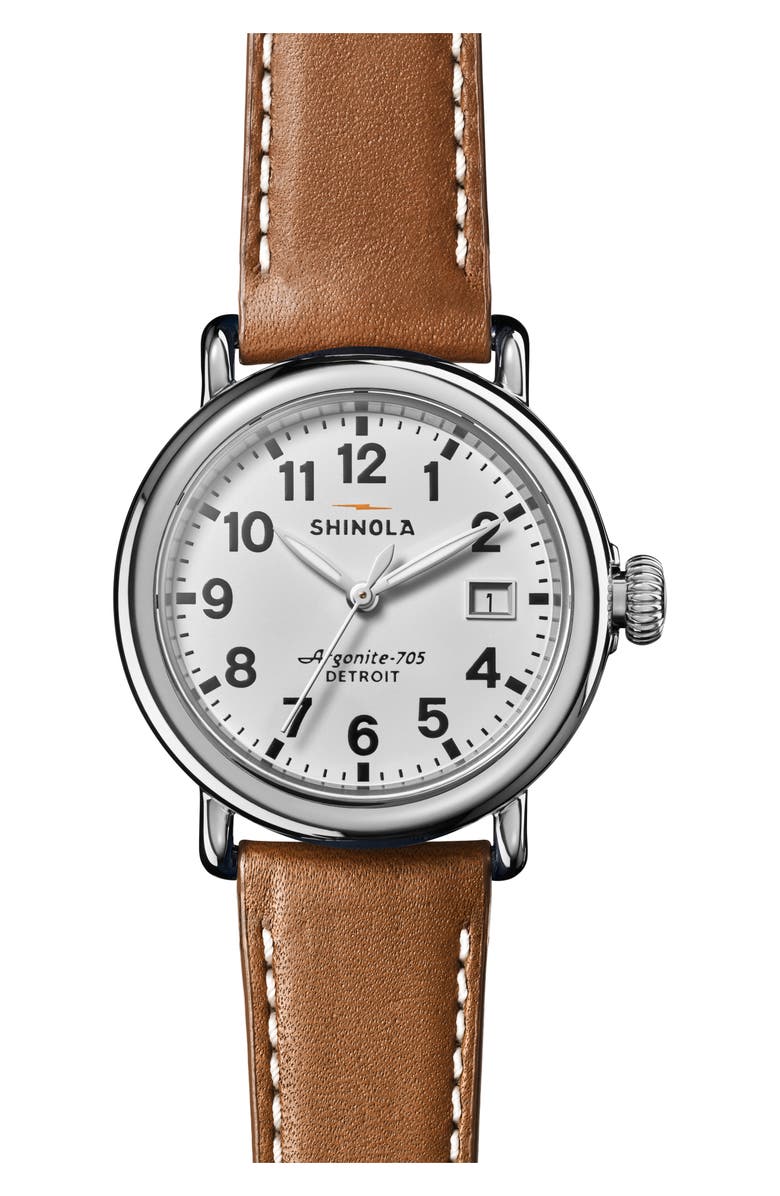 Shinola Runwell Leather Strap Watch, 36mm, Main, color, White