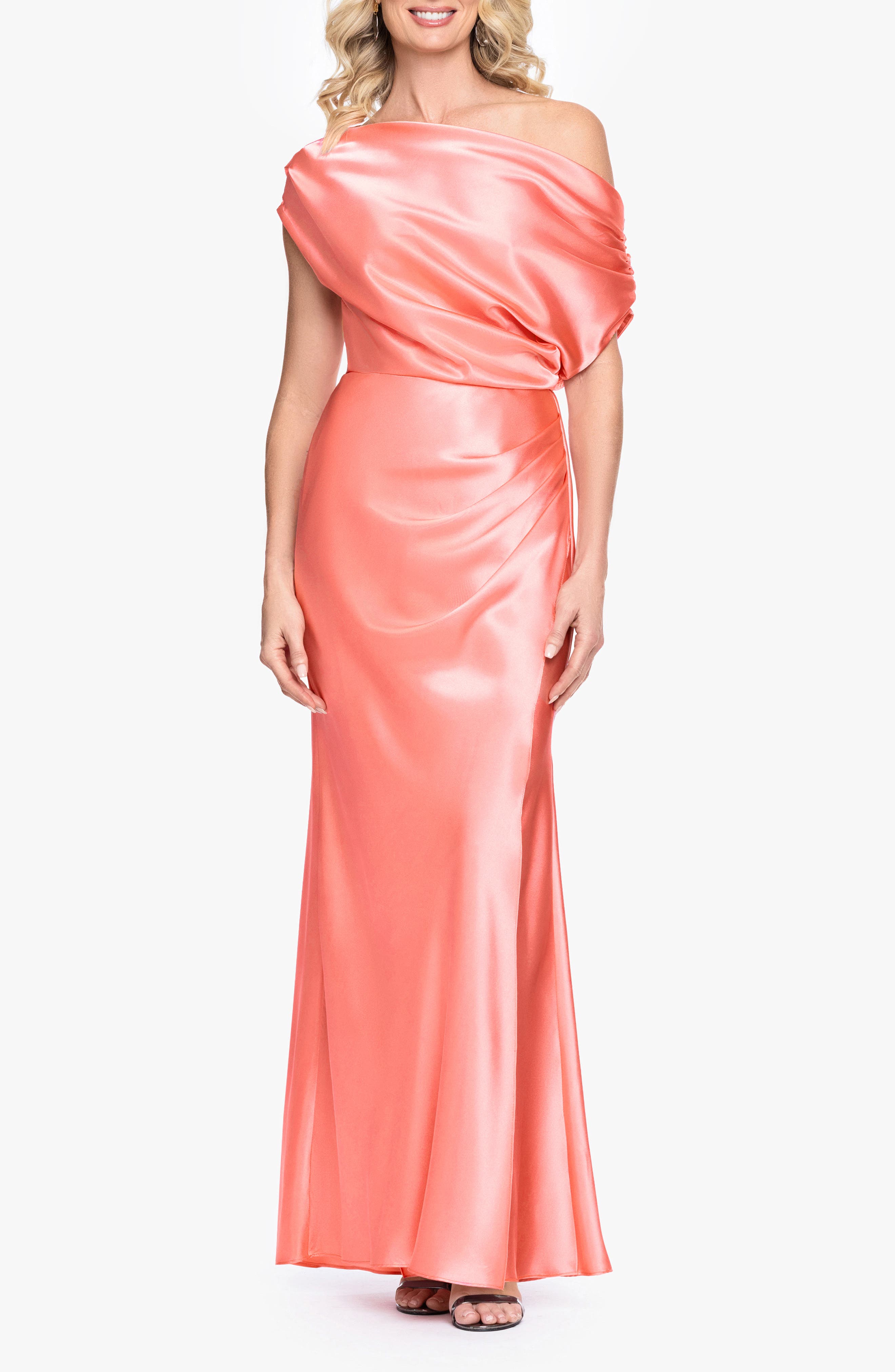 Betsy & Adam One-Shoulder Satin Sheath Gown