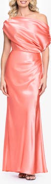 Betsy & Adam One-Shoulder Satin Sheath Gown