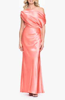 Betsy & Adam One-Shoulder Satin Sheath Gown