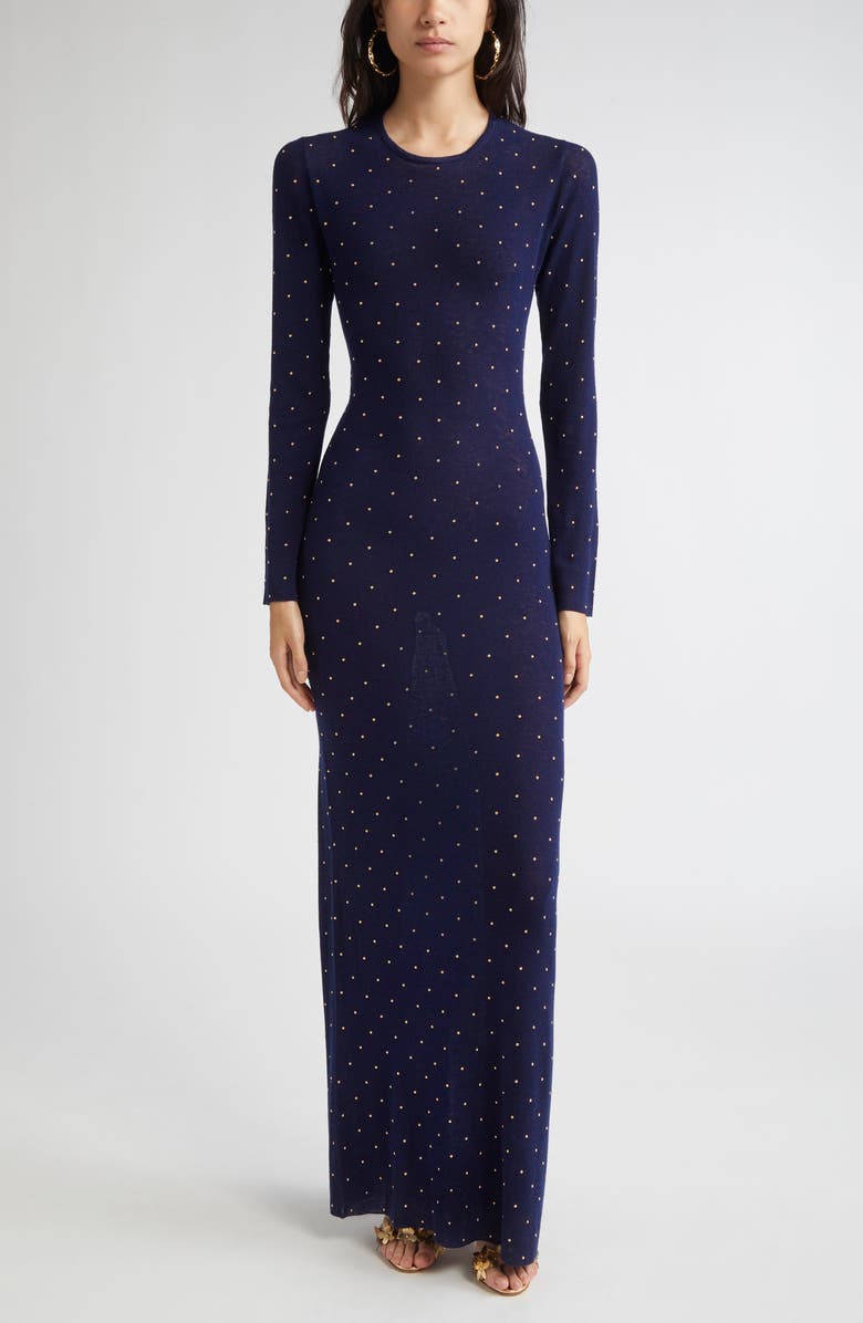 Rabanne Studded Long Sleeve Wool Knit Dress, Main, color, Blue
