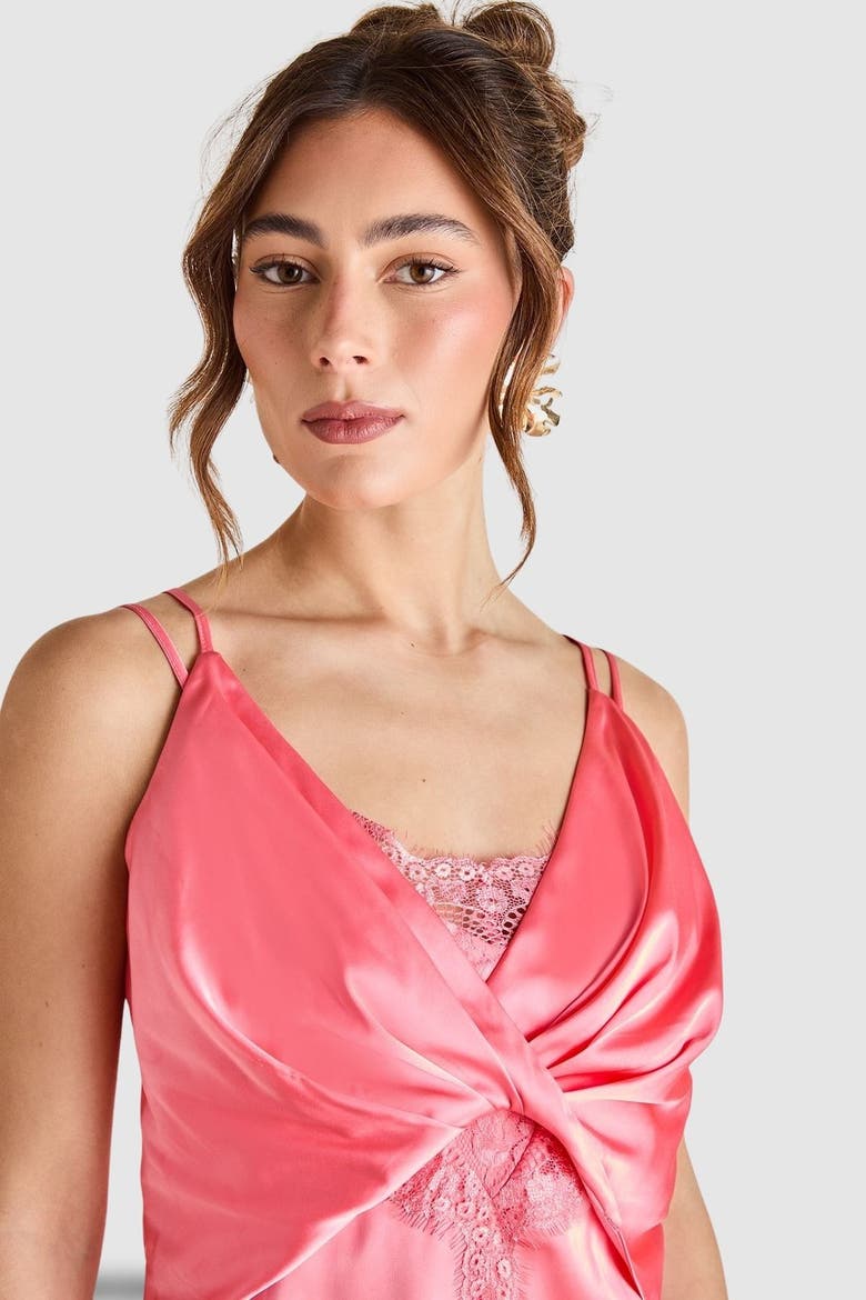 Lace Insert Satin Fitted Dress, Alternate, color, Peach