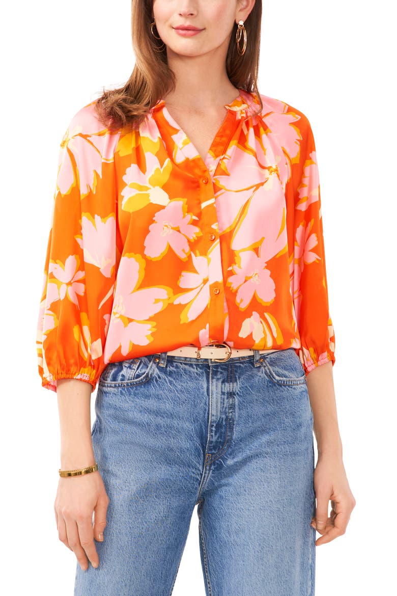 Print Raglan Sleeve Button-Up Top, Main, color, ORANGE MULTI
