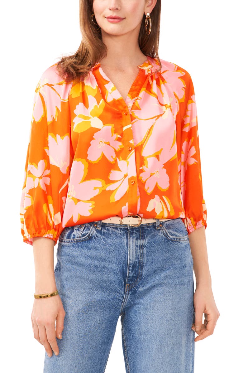 Vince Camuto Print Raglan Sleeve Button-Up Top, Main, color,