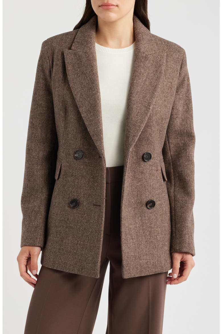 Herringbone Wool Double Breasted Coat, Alternate, color, CHOCOLATE