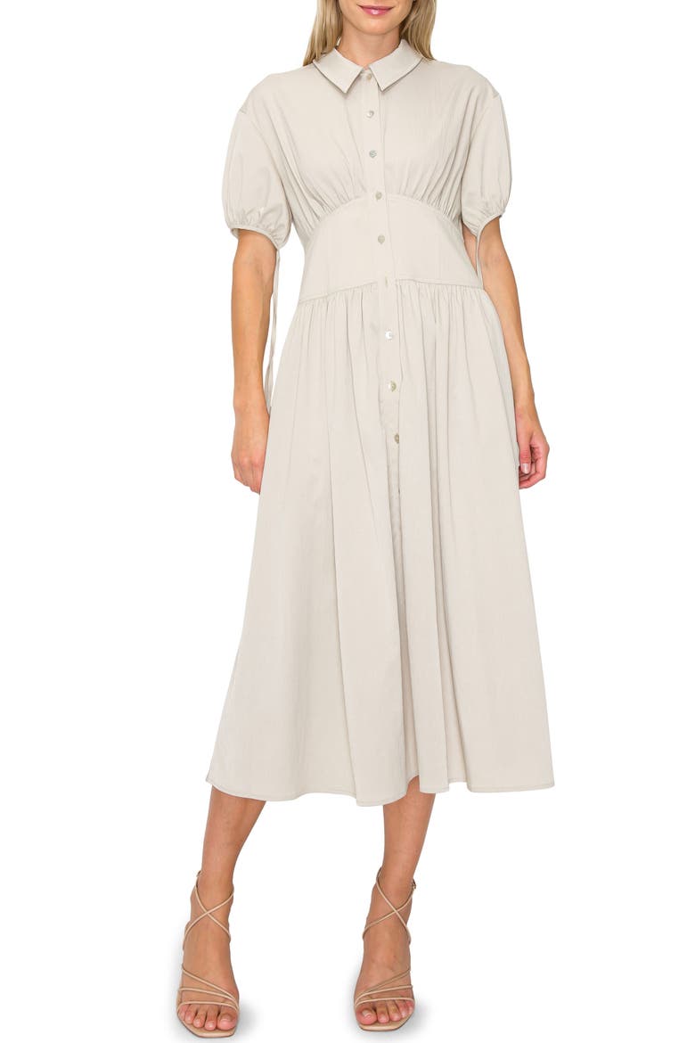 Tie Cuff Midi Shirtdress, Main, color, LIGHT GREY