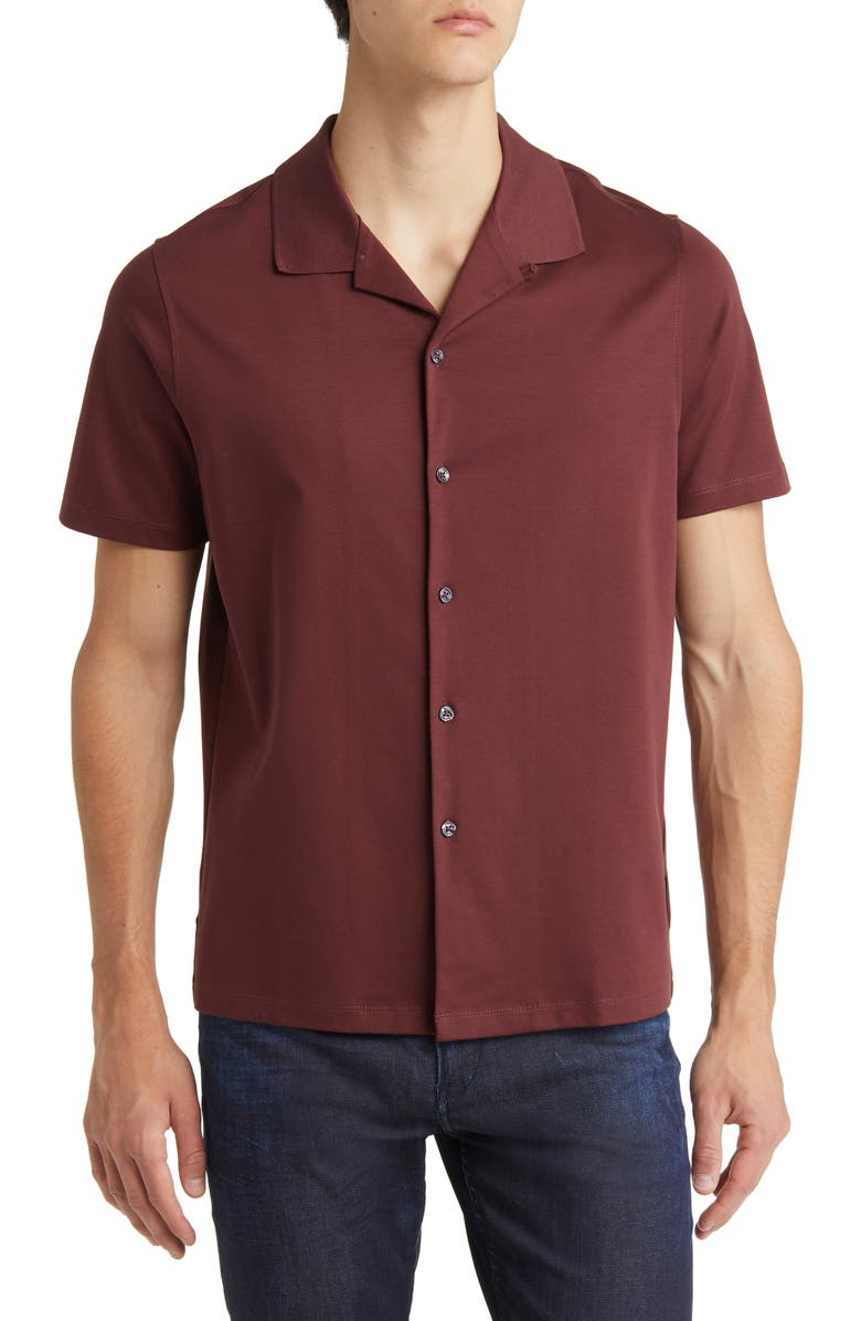 BOSS Powell Solid Short Sleeve Cotton Button-Up Shirt, Main, color, Dark Red