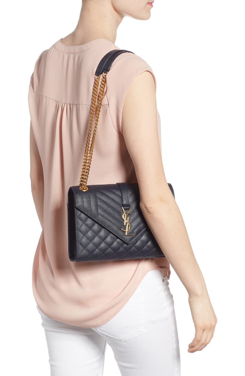 Saint Laurent Medium Cassandra Quilted Leather Envelope Bag, Alternate, color, Deep Marine