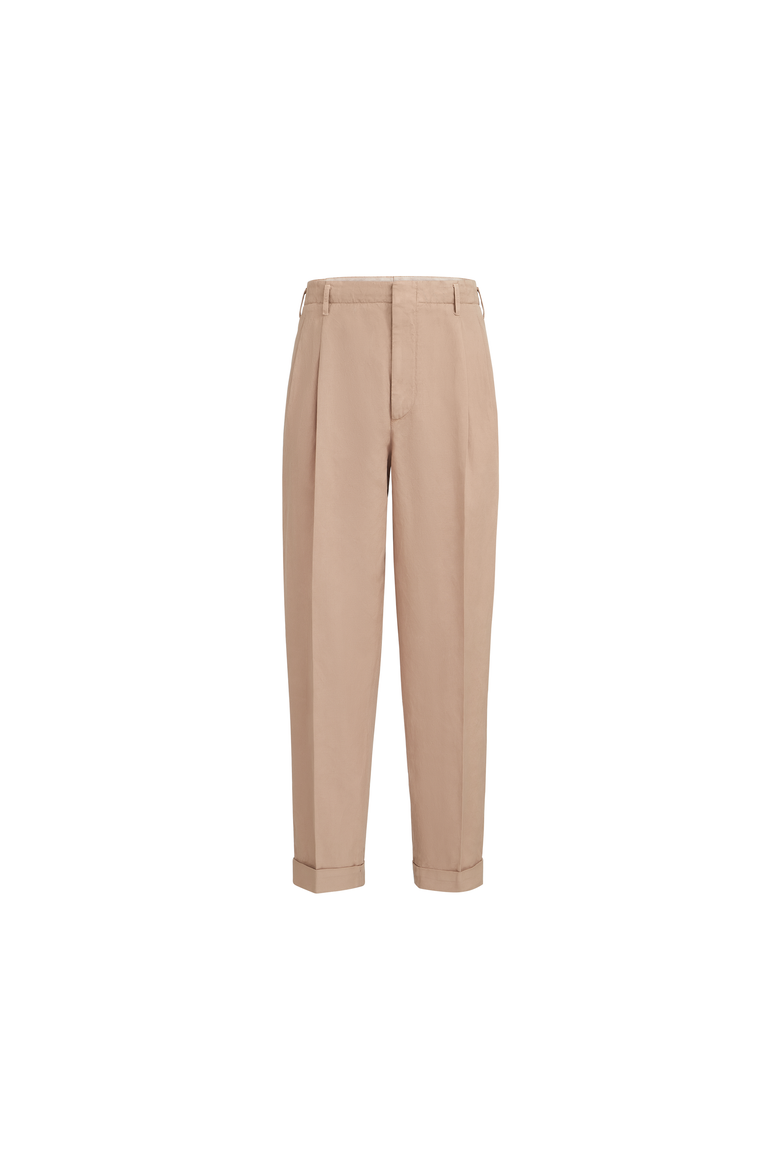 Garment-dyed trousers in cotton and linen canvas with double pleats, Alternate, color, Tobacco