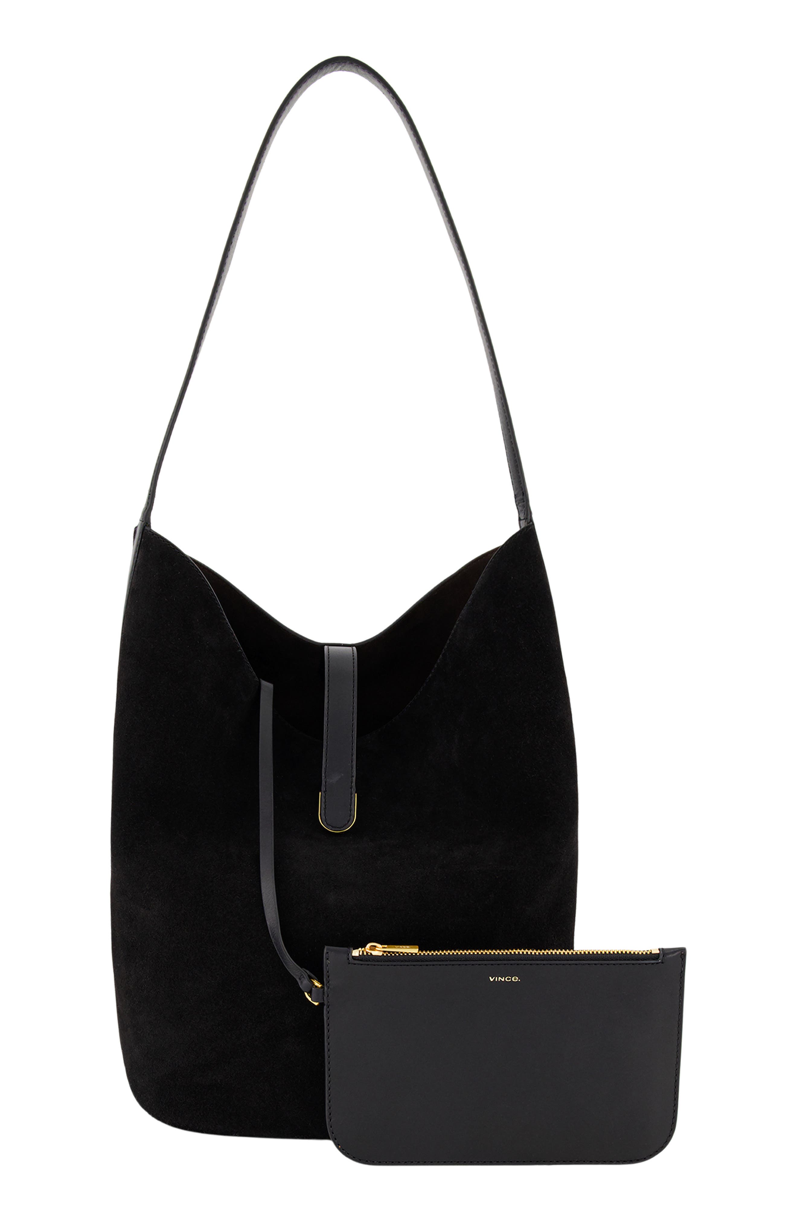 Eris Large Suede Bucket Bag, Alternate, color, BLACK