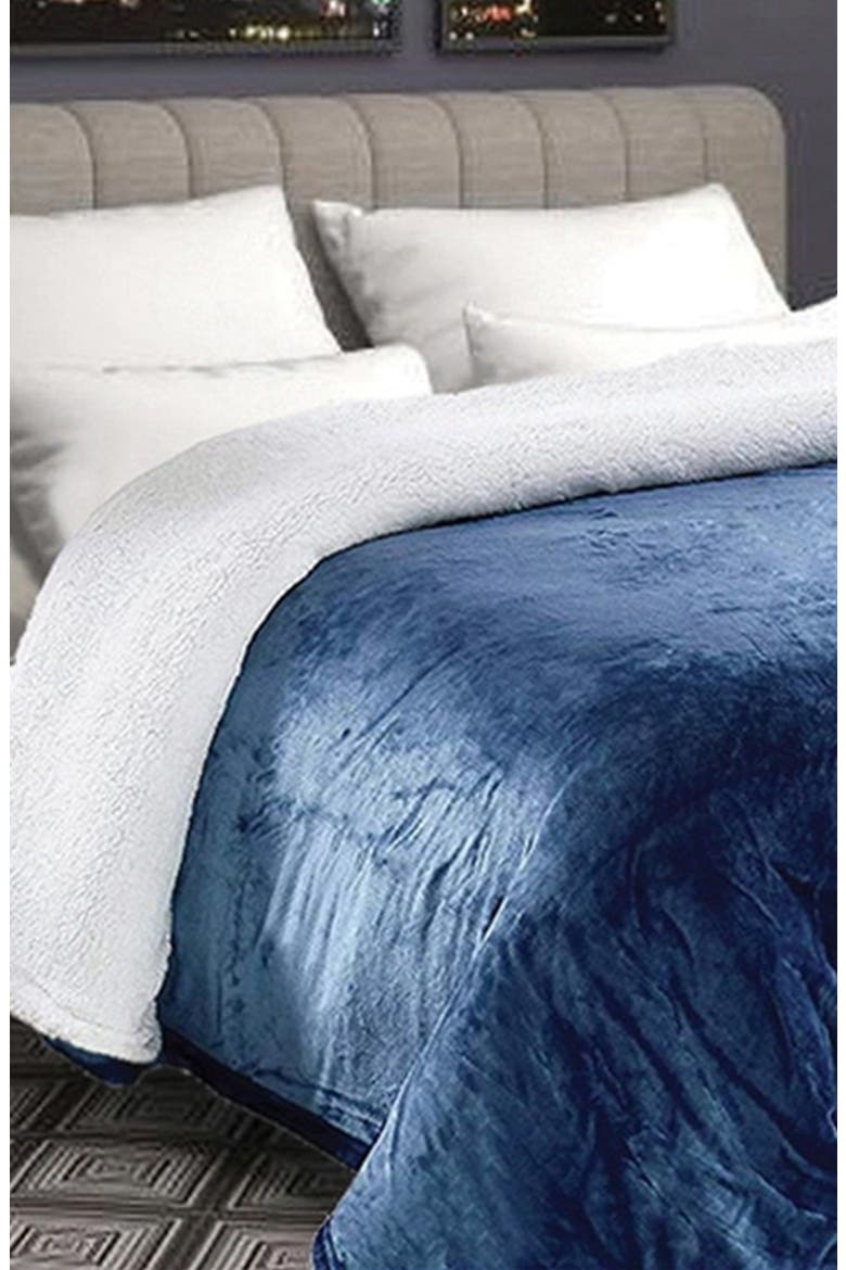 Plush Fleece & Faux Shearling Throw Blanket, Main, color, NAVY