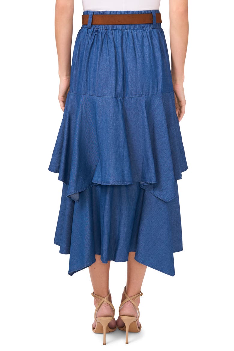 Tiered Denim Midi Skirt with Brown Golden Buckle Belt, Alternate, color, MID INDIGO
