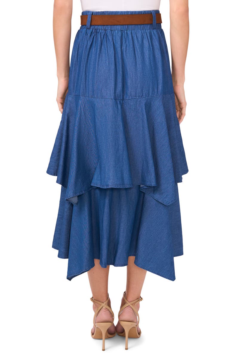 CeCe Tiered Denim Midi Skirt with Brown Golden Buckle Belt, Alternate, color, Mid Indigo