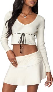 EDIKTED Andie Crop Long Sleeve Knit Top
