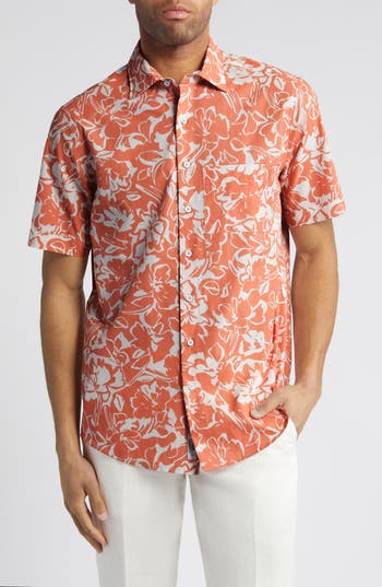 Rodd & Gunn Lanercost Cotton Printed Short Sleeve Shirt In Mandarin