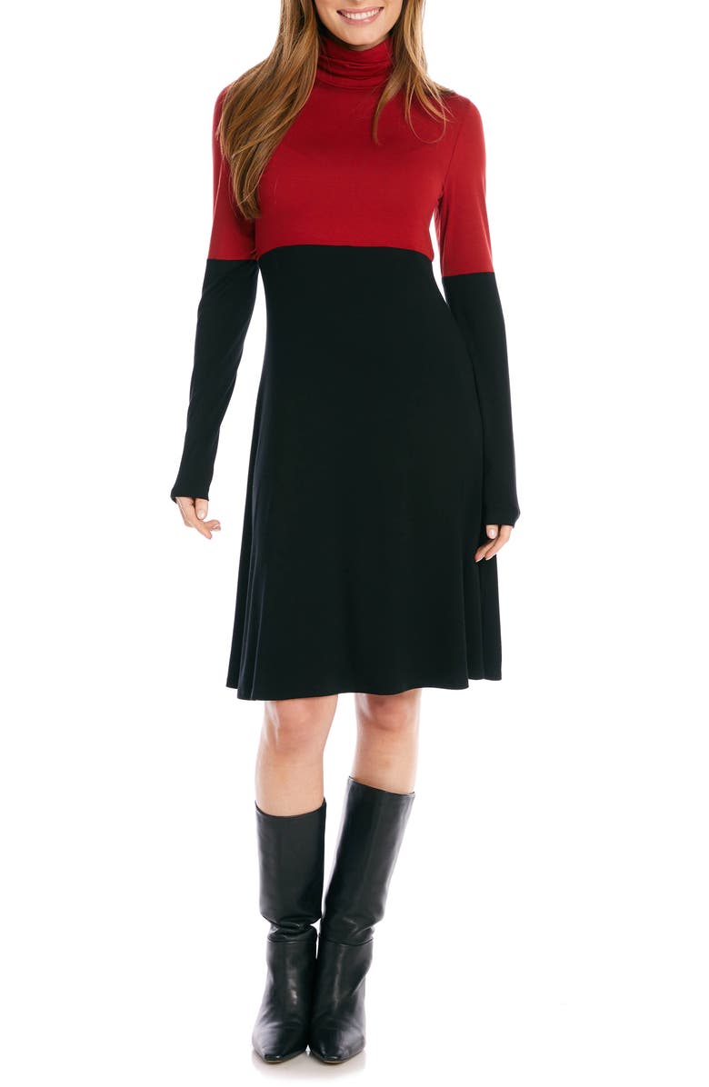 Karen Kane Colorblock Long Sleeve Turtleneck Jersey Dress, Alternate, color, Black With Brick