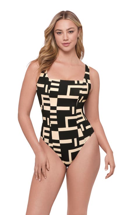 Square Neck Lace-Up Back One Piece Swimsuit
