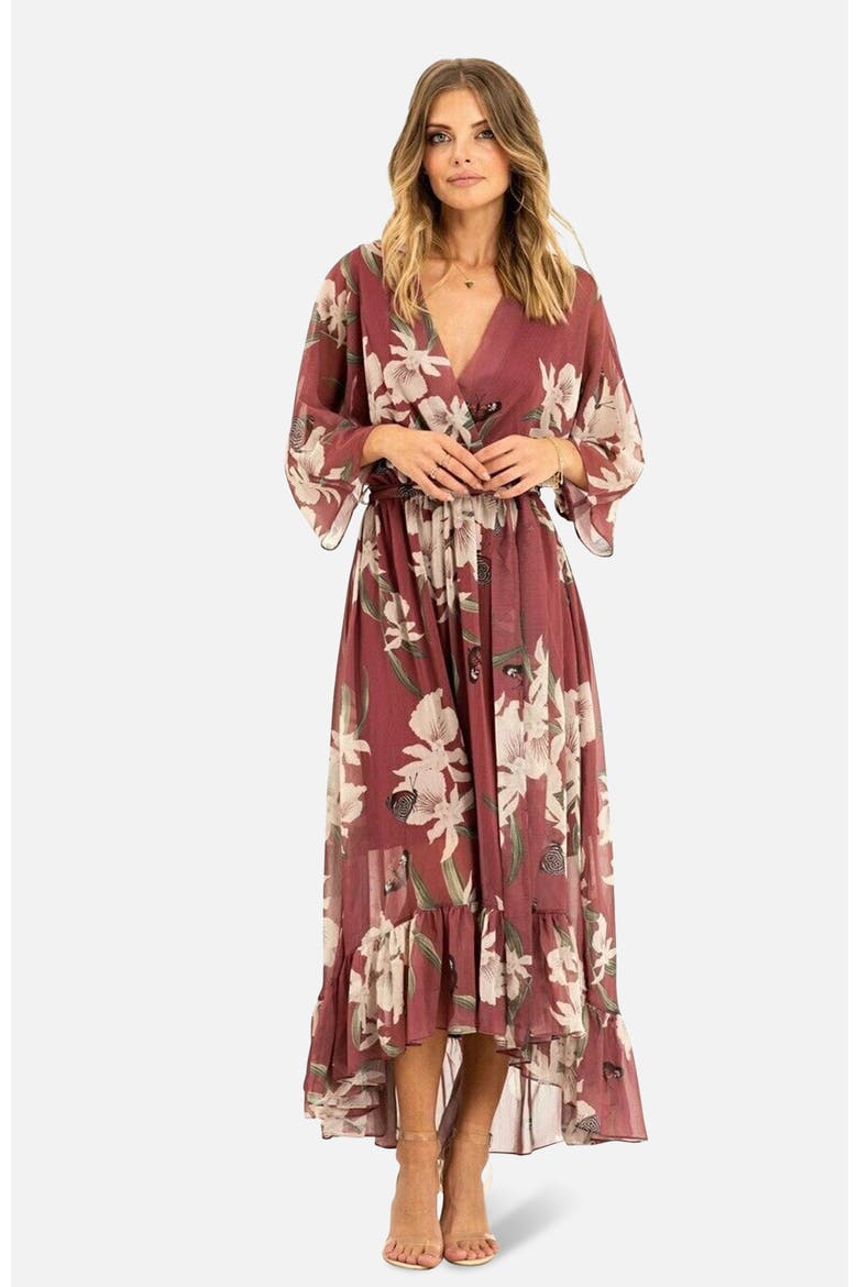 Floral Print Midi Wrap Dress, Alternate, color, Rose Pink
