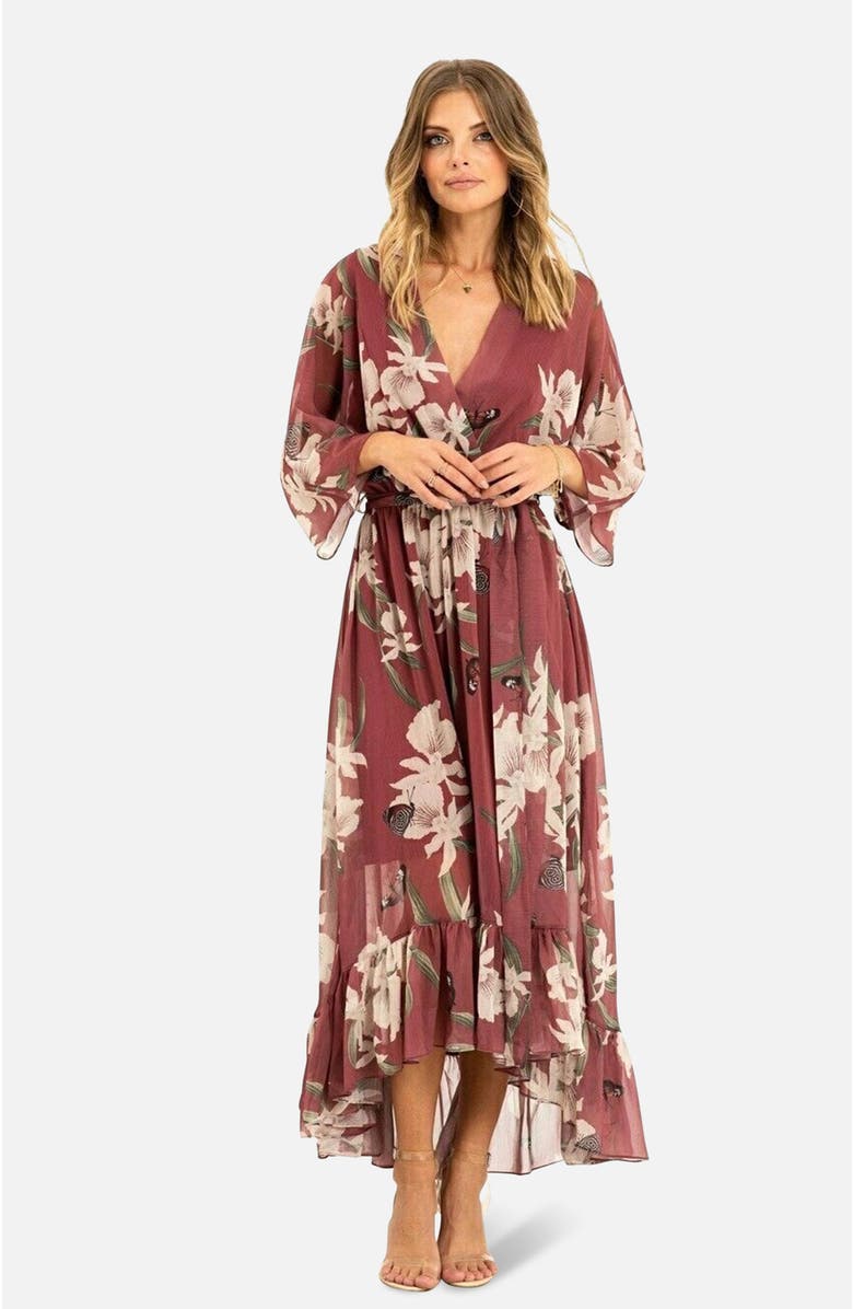 Yumi Floral Print Midi Wrap Dress, Alternate, color, Rose Pink