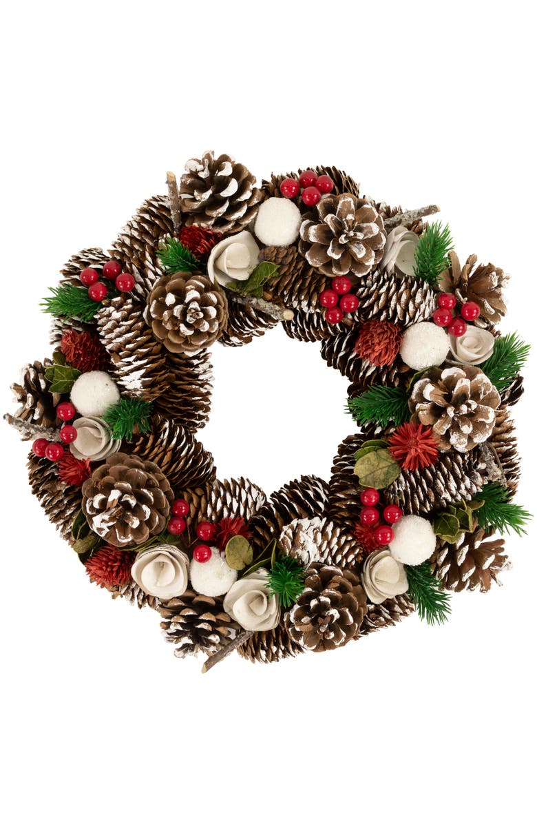 Northlight White Wooden Rose and Pine Cone Artificial Christmas Wreath - 14" - Unlit, Main, color, Brown