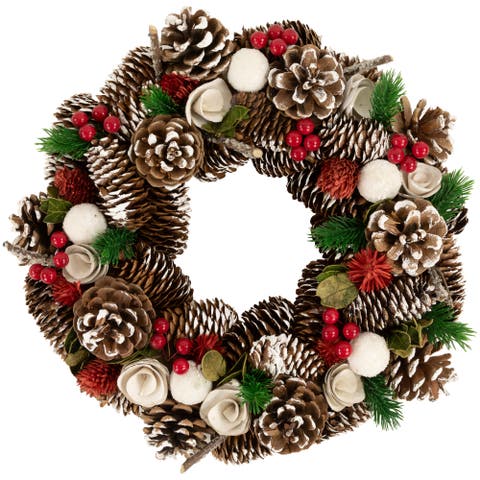 White Wooden Rose and Pine Cone Artificial Christmas Wreath - 14" - Unlit