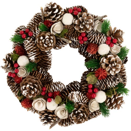 Northlight White Wooden Rose And Pine Cone Artificial Christmas Wreath In Multi