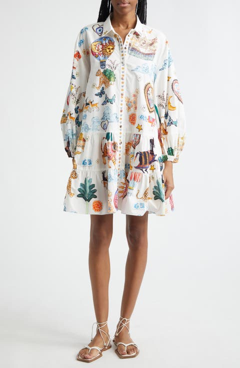 Print Long Sleeve Tiered Cotton Shirtdress