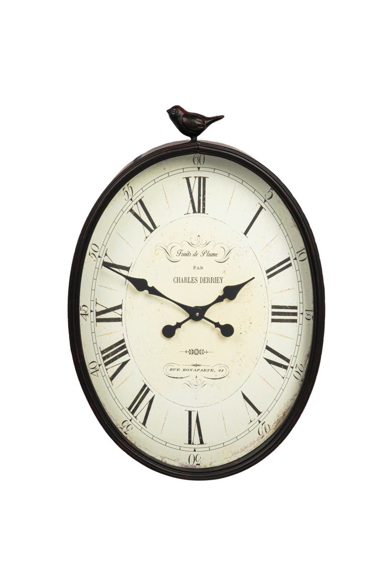 Oval Metal Wall Clock with Bird, Antique Bronze, Alternate, color, Bronze