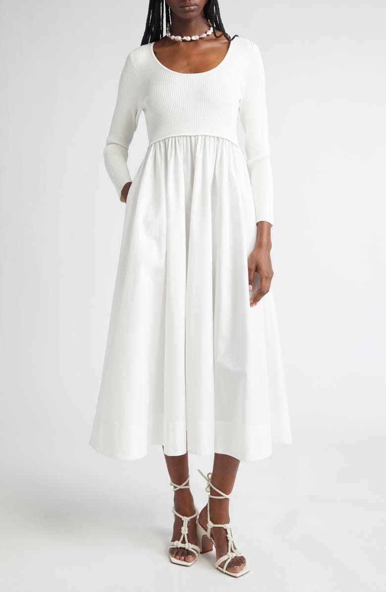 Zimmermann Scoop Neck Long Sleeve Jersey & Poplin Midi Dress, Main, color,