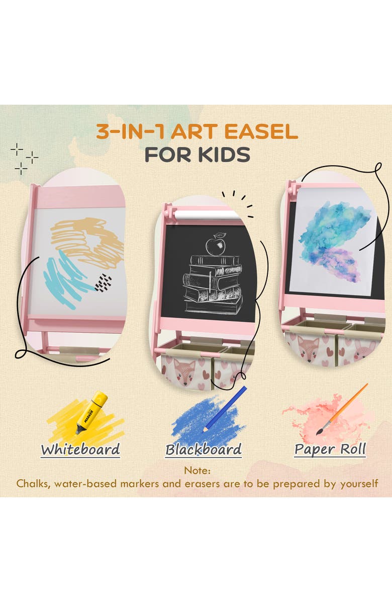 Qaba Kids 3-in-1 Art Easel with Paper Roll, Blackboard, Whiteboard, Storage Baskets, Alternate, color, Pink