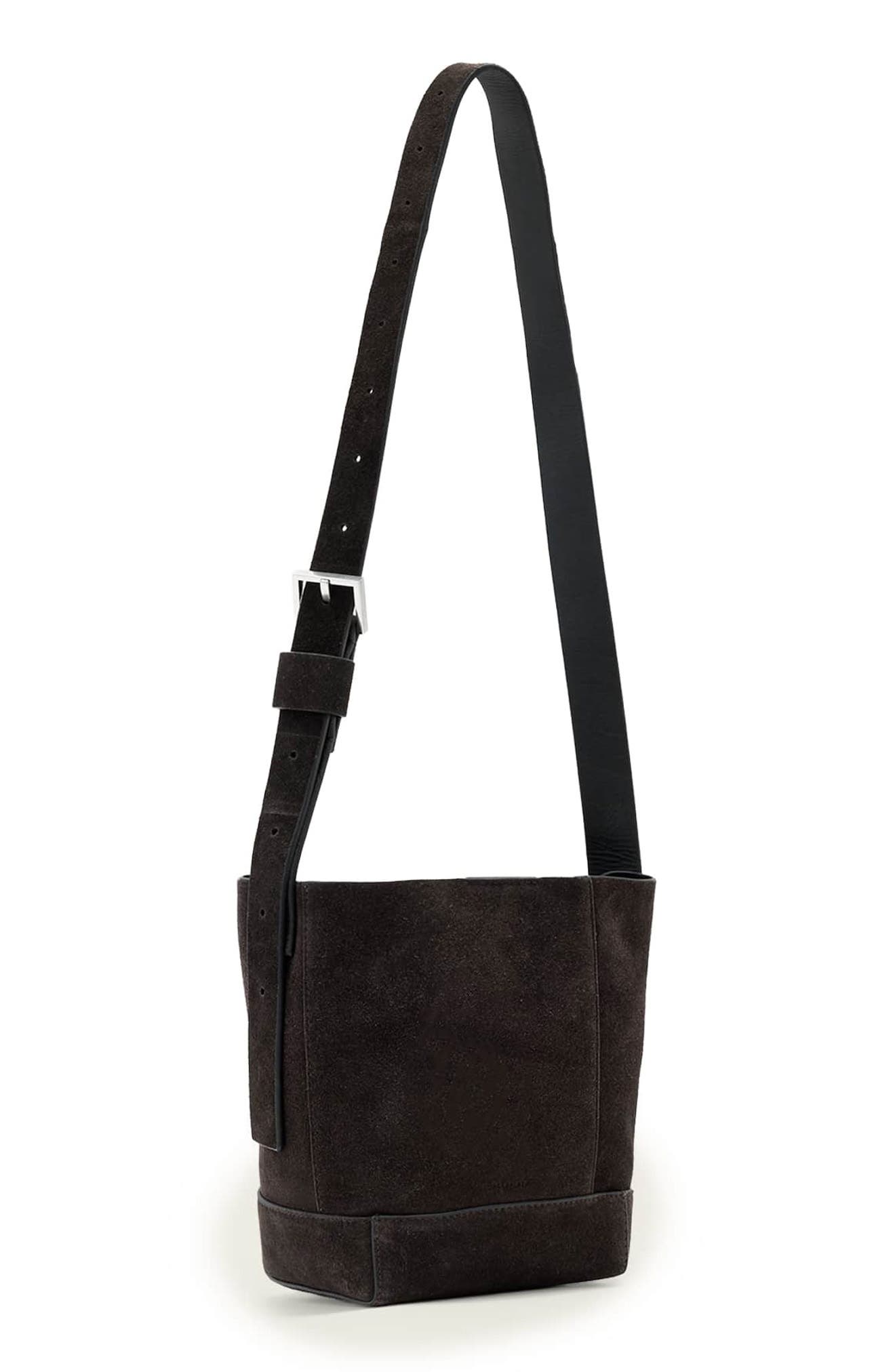 AllSaints Mini Alba Suede Crossbody Hobo Bag, Alternate, color, Bitter Brown