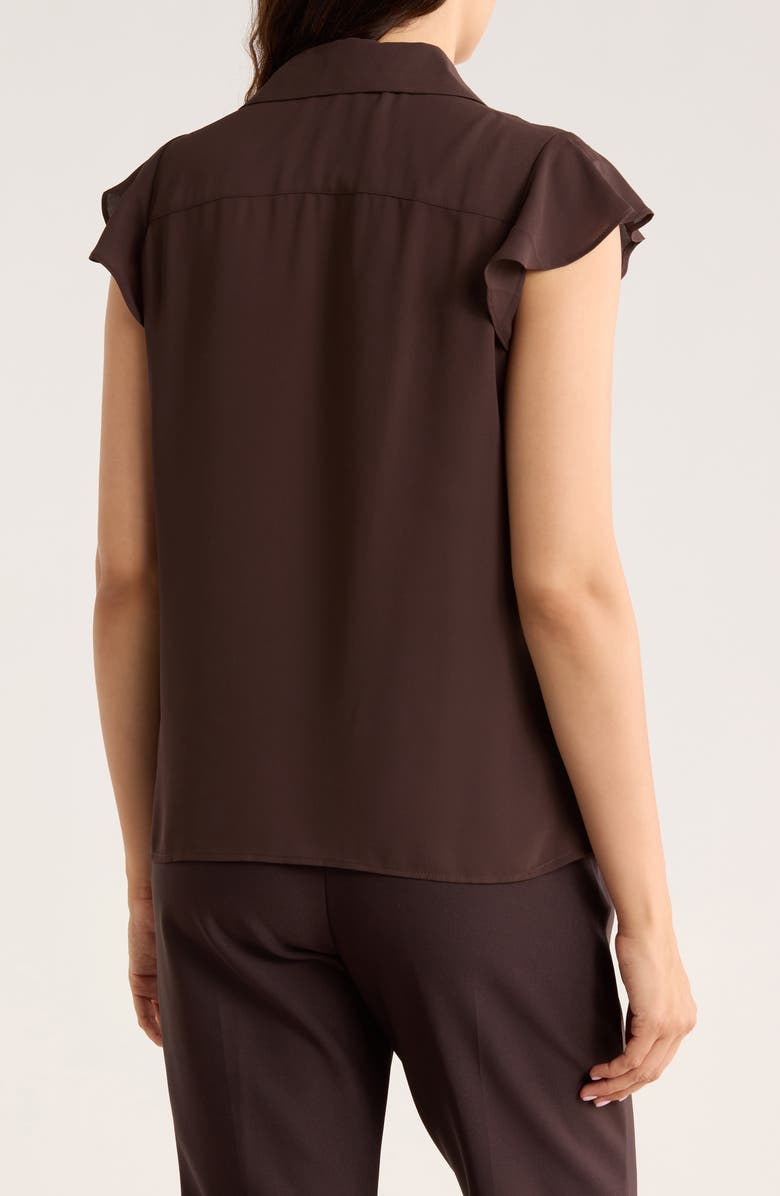 Calvin Klein Cap Sleeve Ruffle Front Button-Up Shirt, Alternate, color, Coffee Bean