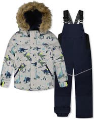Deux par Deux Skiing Dinosaur Discover Fleece Jacket Snow Pants Two Piece Snowsuit