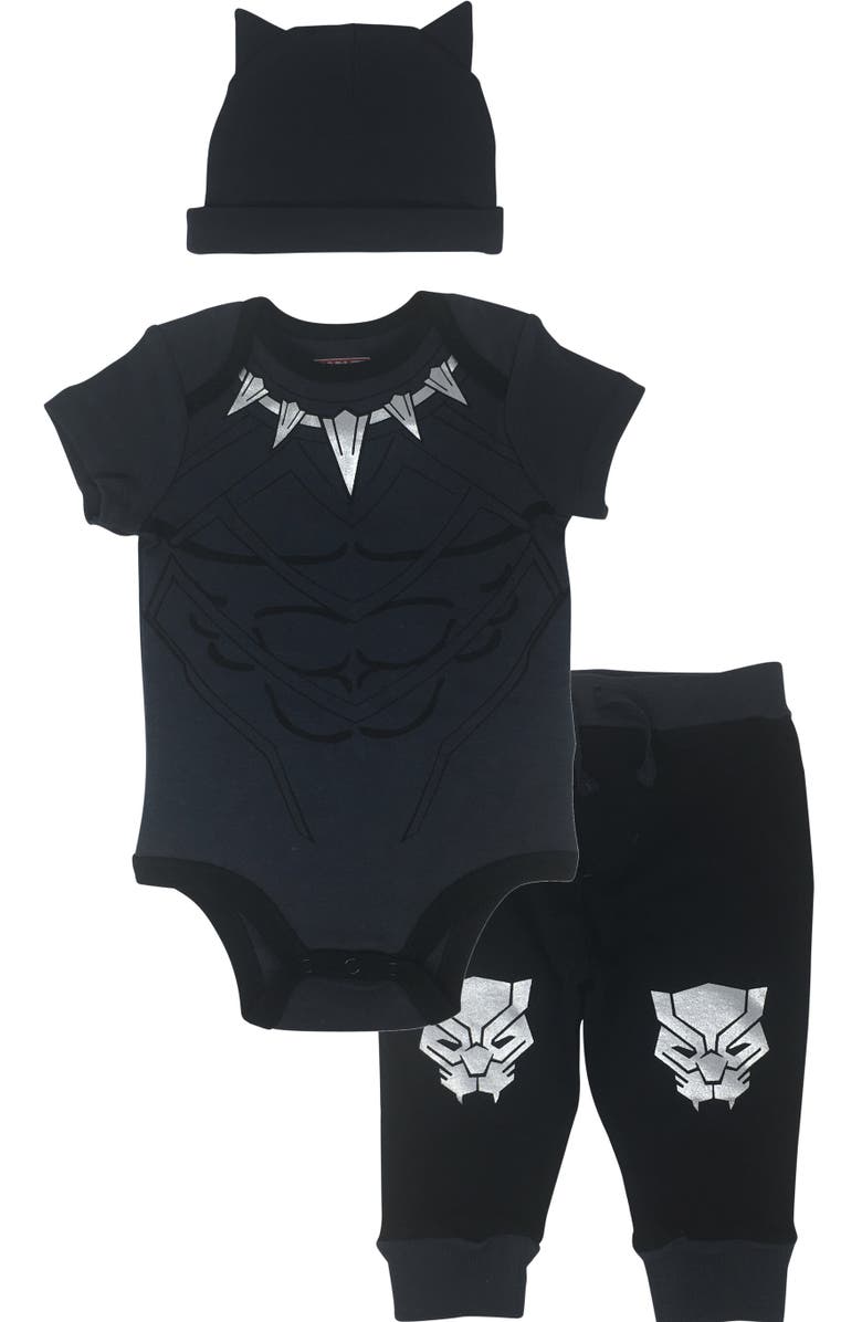 Marvel Avengers Bodysuit Pants & Hat Layette Set, Main, color, Black Panther Black